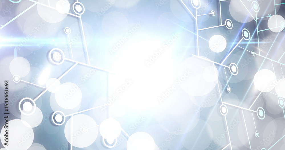 Poster linking central glowing nodes with thin lines in stylized digital interface, with bokeh shapes