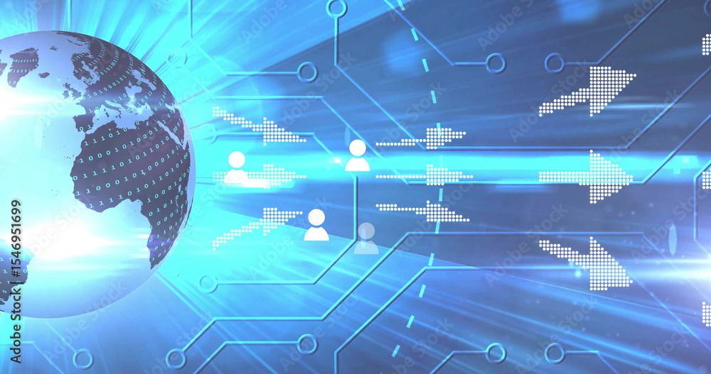 Poster broadcasting binary code and user icons from stylized globe on left over circuit grid, copy space