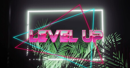 Neon LEVEL UP sign floating in lounge, with white frame pink cyan outlines green palm leaves