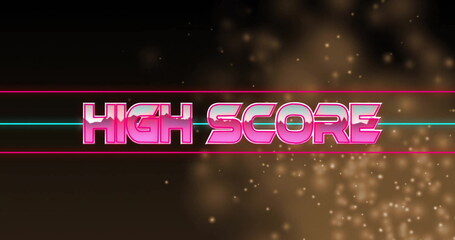 Displaying pink 3D HIGH SCORE text crossing cyan line on arcade interface, with golden sparkles