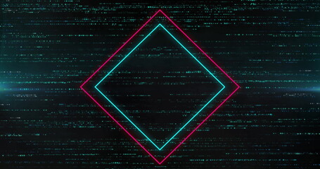 Glowing cyan and magenta diamond frames pulsing in glitch space, with green glitch lines, artifacts
