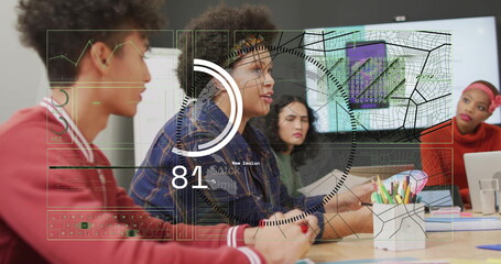 Collaborating four office workers discussing code in meeting room, with notebooks, pens and monitor