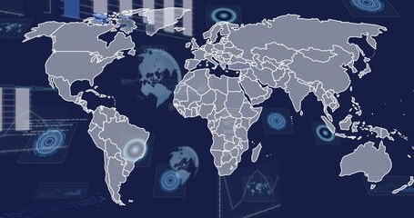Showing stylized world map on screen with semi-transparent data panels, bar charts and line graphs © vectorfusionart
