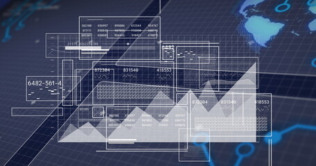 Floating translucent UI panels displaying tables and line charts on grid interface with world map