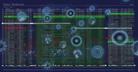 Displaying data terminal interface on virtual display, with access log tables and HUD overlays
