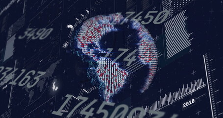 Displaying rotating 3D digital globe of data points on virtual dashboard, with bar graphs