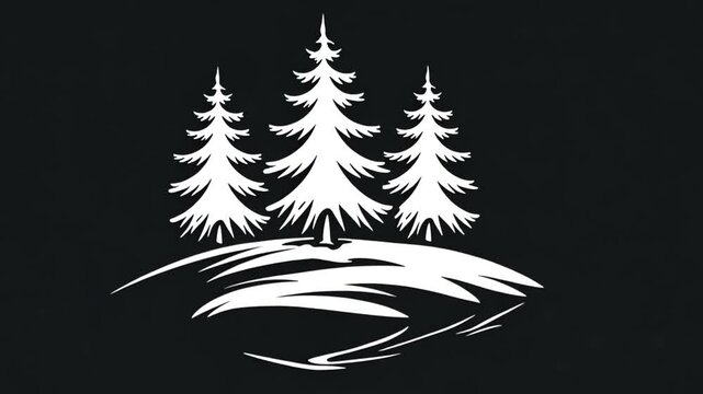 Simple white graphic of three stylized pine trees on a hilltop