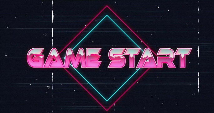 Fototapeta Displaying neon diamond outline framing GAME START text on charcoal backdrop, with glitch marks
