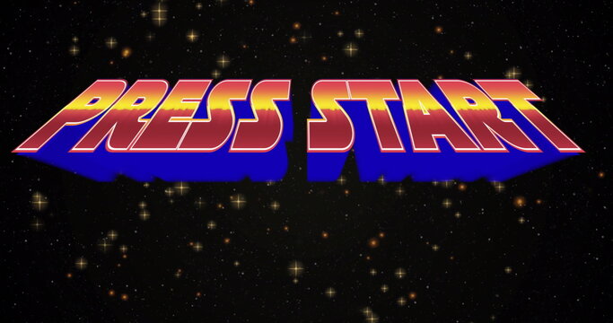 Naklejki Bold 3D PRESS START text floating in outer space, with gradient effect, blue shadow, golden stars
