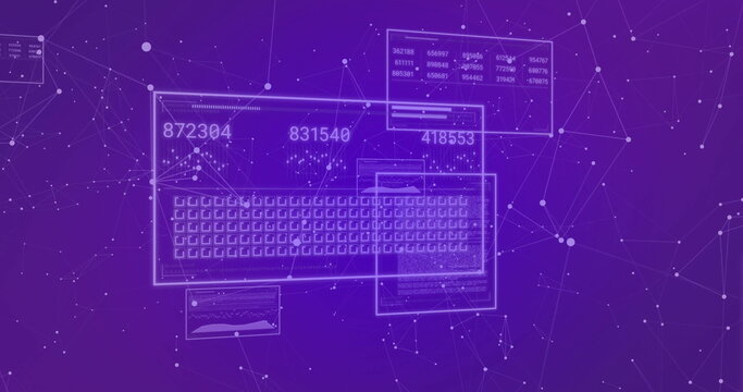 Displaying translucent data panel floating over virtual network nodes, with numbers and grid