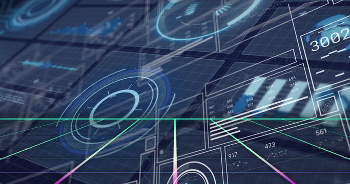 Projecting holographic interface displaying HUD diagrams in virtual grid space, with neon vectors