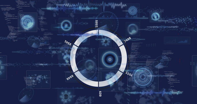 Showing segmented ring chart glowing white-blue on interface, with HUD charts and code panels