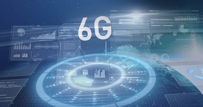 Displaying circular 6G interface floating in virtual network with data panels and world map arrows