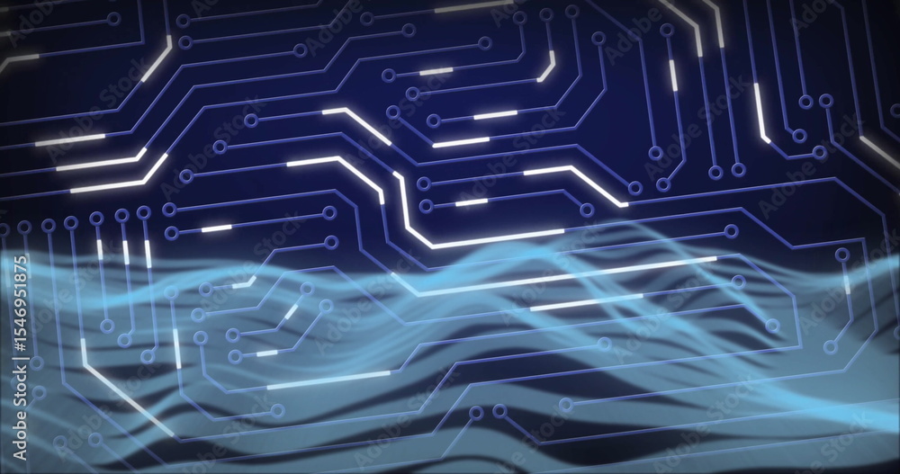 Poster displaying glowing circuit traces and nodes across digital interface, with flowing blue waveforms