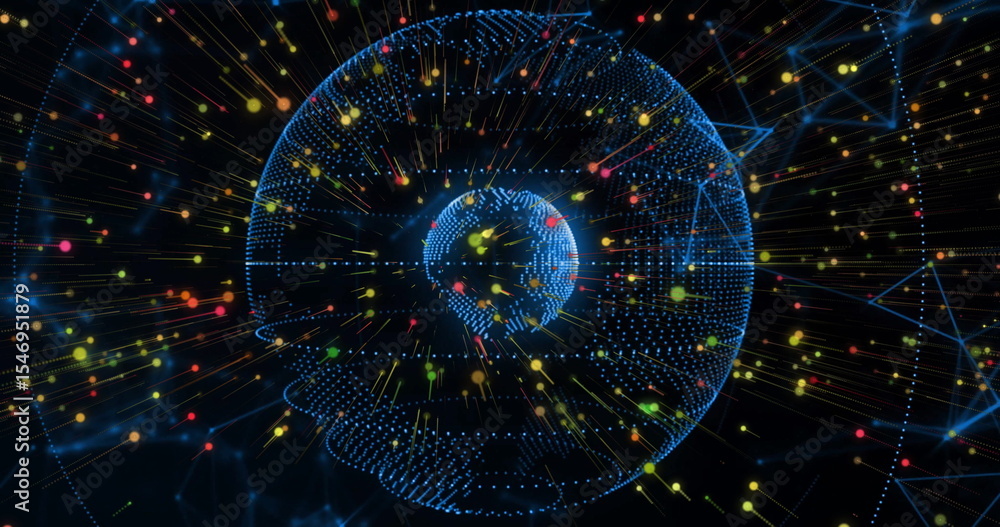 Poster glowing wireframe globe representing earth streaming multicolored data nodes within network mesh