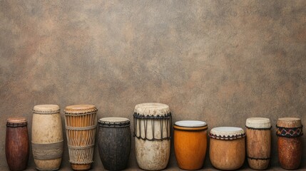 An artfully arranged display of various traditional African music instruments including drums percussions and other wooden ethnic instruments set against a neutral textured backdrop