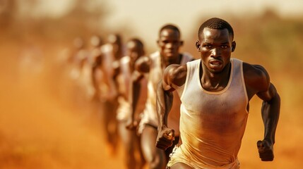 Energetic African Athletes Competing in Dynamic Sports Event with Intense Determination and Stamina Displayed as They Race to the Finish Line