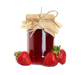 Tasty strawberry jam in jar and fresh berries isolated on white