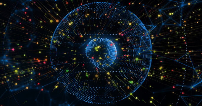 Glowing wireframe globe representing Earth streaming multicolored data nodes within network mesh