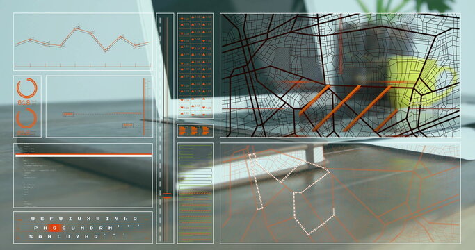 Displaying HUD UI in office with panels: graph, gauge, map, code-sequence, table and path diagram