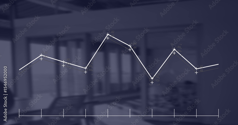 Poster displaying semi-transparent line graph showing data points in conference room with table and chairs