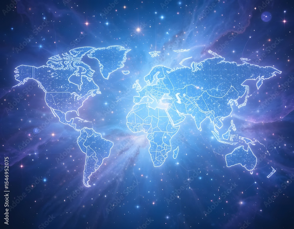 Poster global network illuminated world map in cosmic space