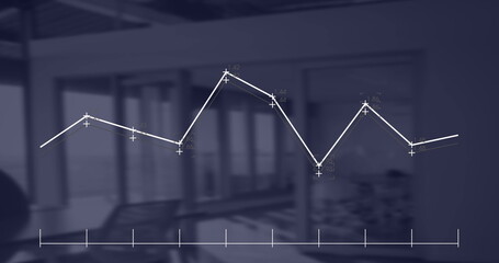 Displaying semi-transparent line graph showing data points in conference room with table and chairs
