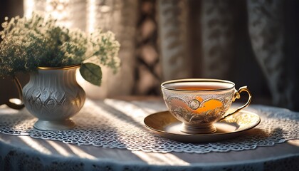 Fototapeta premium stylish earl grey tea sits in an elegant cup on a lace tablecloth illuminated by natural light