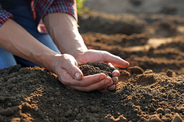 Man holding pile of soil in field, closeup