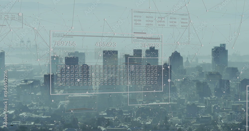 Poster showing digital interface overlaying skyline, featuring numeric grids and network nodes in haze