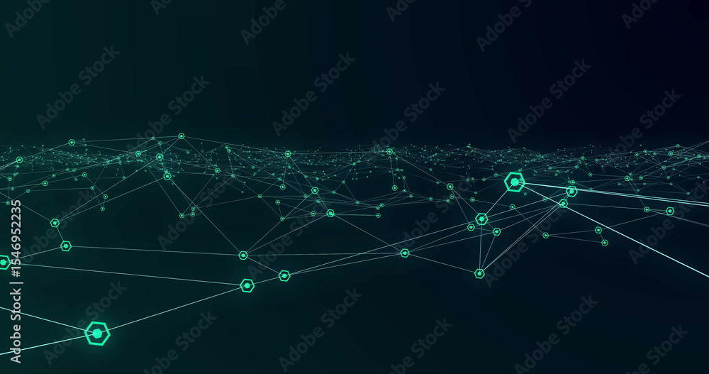 Poster spreading network reaching horizon in data space, with hexagonal nodes, connection points and lines