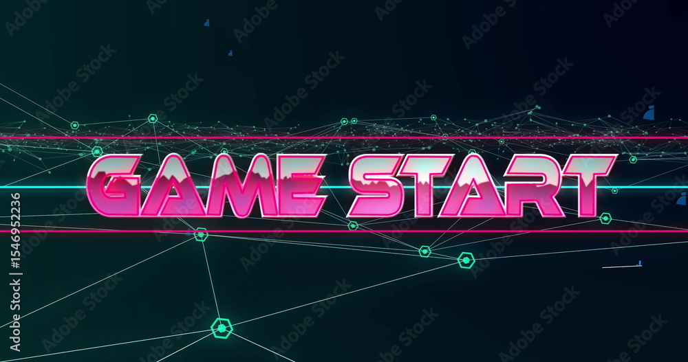 Poster displaying neon pink game start in grid with teal nodes, neon framing lines and floating fragments