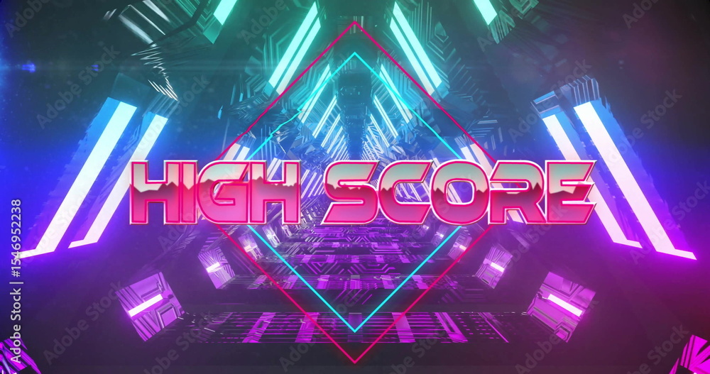 Poster pulsing neon 3d text high score in retrofuturistic tunnel, with diamond frame and angled light bars