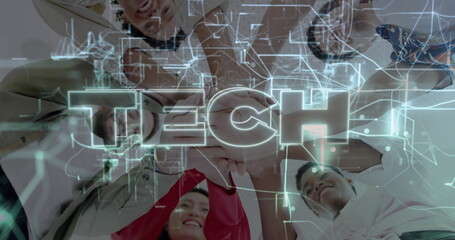Joining five professionals placing hands at office huddle, with TECH overlay and circuitry graphics