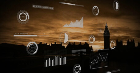 Displaying holographic data overlay over city skyline at dusk, with line graphs and bar charts
