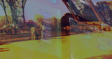 Walking tourists carrying backpacks at Eiffel Tower under lattice pillars, with neon AR overlay