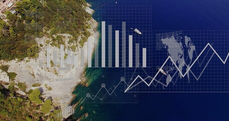 Displaying cliffs with foliage on coastline, with grid overlays, data visuals and yacht copy space