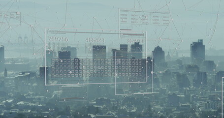 Showing digital interface overlaying skyline, featuring numeric grids and network nodes in haze
