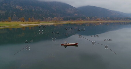 Lone paddler wearing knit cap and life vest paddling across lake, with digital measurement overlays
