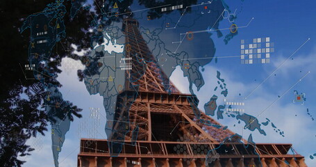 Capturing iron Eiffel Tower rising into Paris sky, with world map overlay and digital network icons