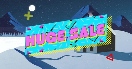 Displaying retro sale banner reading HUGE SALE over snowy mountains at night, with cabin silhouette