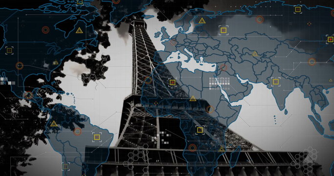 Eiffel Tower silhouette rising in graphic, with world map overlay, icons, grid lines and hex bar