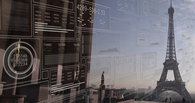 Floating panels overlaying Paris skyline at dusk, showing charts and Eiffel Tower, copy space - Powered by Adobe