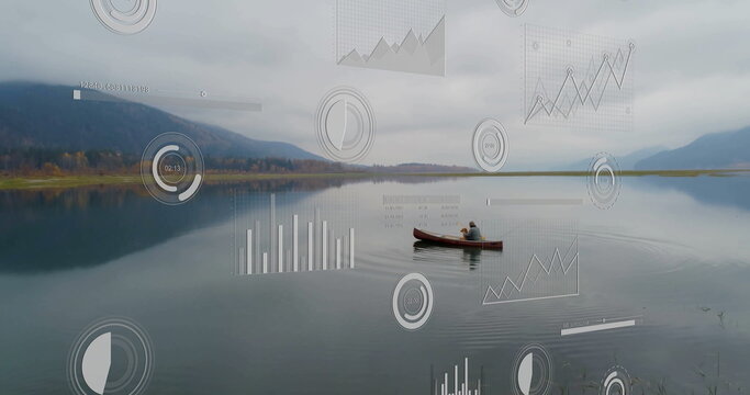 Paddling man in dark jacket and cap moving red canoe across mountain lake, with data overlays - Powered by Adobe