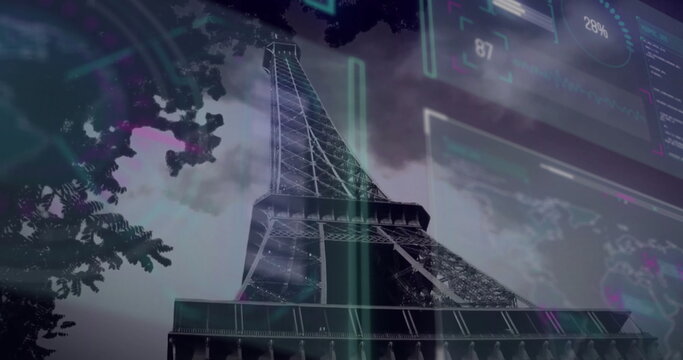 Displaying Eiffel Tower rising into cloudy Paris sky, with neon-green and purple data overlays