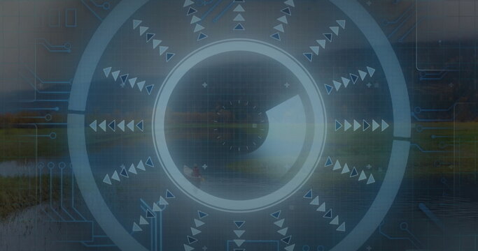 Overlaying circular interface blending into lakeside marsh, with concentric rings and radial arrows