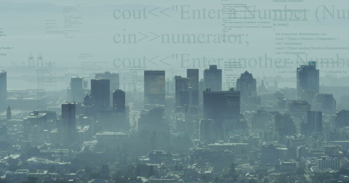 Displaying cluster of skyscrapers and mid-rise buildings in hazy downtown, with faint code overlay