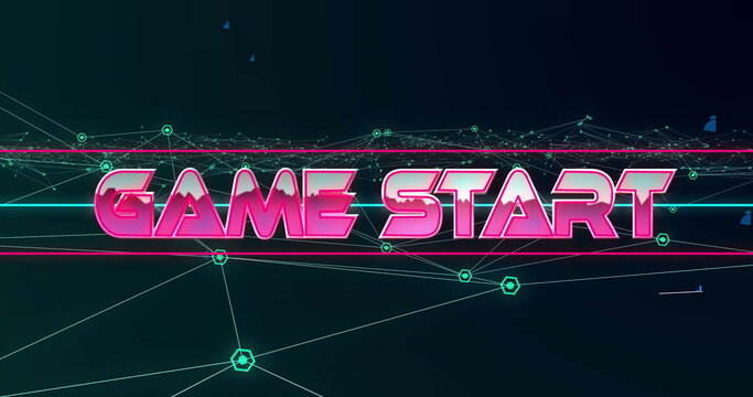 Displaying neon pink GAME START in grid with teal nodes, neon framing lines and floating fragments