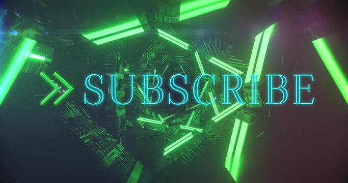 Pulsing neon 'SUBSCRIBE' text shining in digital tunnel, with green bars, arrows, circuit panels