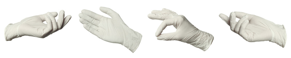 Nitrile medical gloves isolated on white, collage collage of gestures